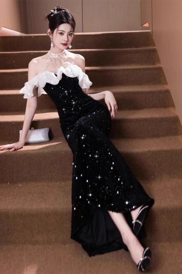 Starry Enchantment – Off-Shoulder Sequin Gown with Ruffled Collar