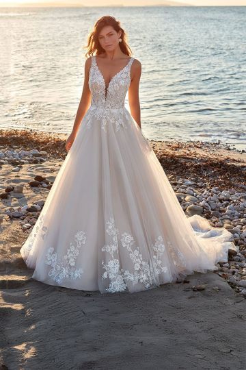 Lace V-Neck Ball Gown with Long Train for Beach Weddings