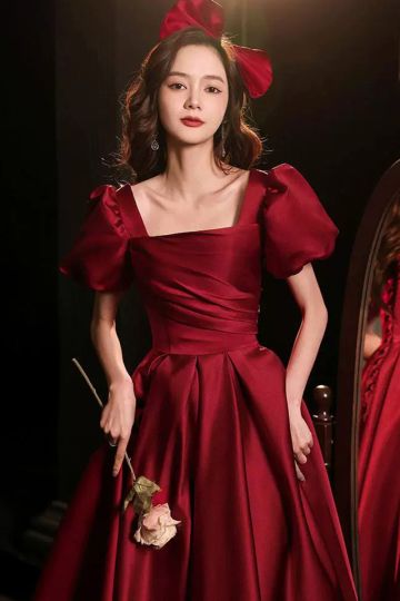 Elegant Red Satin Puff Sleeve Dress with Bow Detail – Perfect for Formal Events