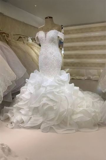 Off-the-Shoulder Beaded Mermaid Gown with Ruffled Long Train for Formal Events