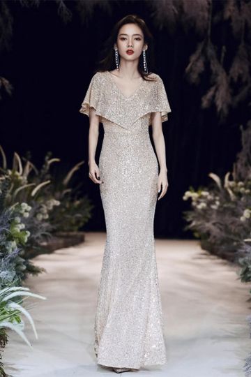 Champagne V-Neck Capelet Sequin Gown – Perfect for Weddings and Formal Events