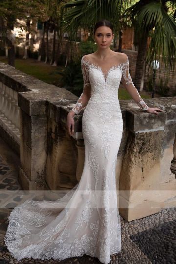 Long-Sleeve Lace Mermaid Gown with Long Train for Formal Events