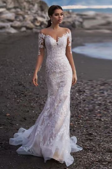Lace Off-the-Shoulder Mermaid Gown with Long Train for Beach Weddings