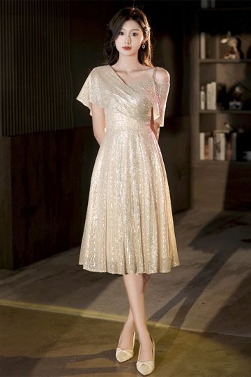 Gold One-Shoulder Sequin Midi Dress – Perfect for Cocktail Parties and Evening Soirees