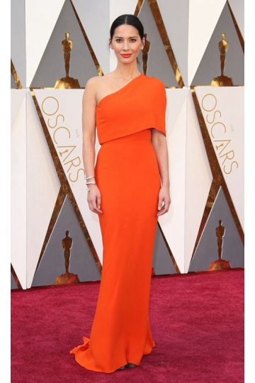 Olivia Munn Orange One Shoulder Mermaid Gown Oscars 2016