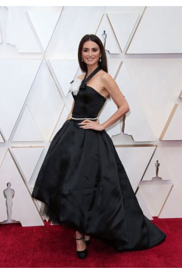 Penelope Cruz Black Satin Halter Ball Gown High Low Celebrity Formal Prom Dress Oscars 2020