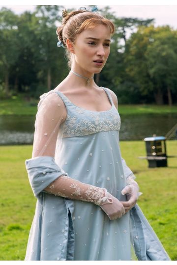 Phoebe Dynevor Daphne Bridgerton Blue Dress Inspired Regency-Style Floral Embroidered Gown