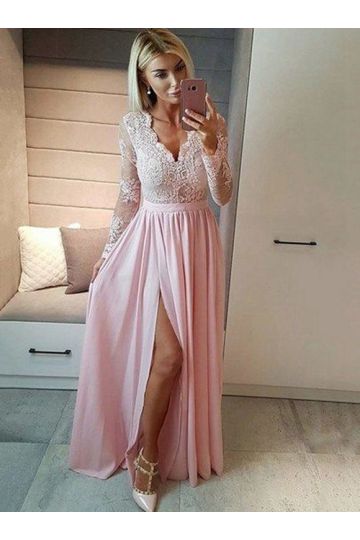 Blush Petal – Pink Lace Chiffon Prom Dress with Thigh-High Slit