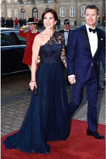 Princess Mary Navy Blue One-Sleeve Lace Chiffon Formal Evening Celebrity Dress