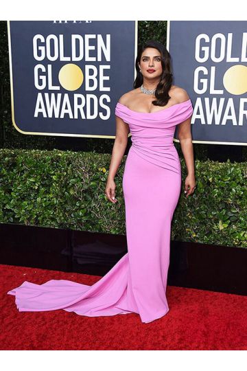 Priyanka Chopra Pink Off-the-shoulder Formal Prom Dress Golden Globes 2020