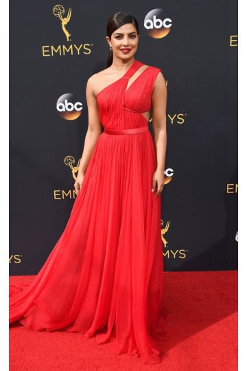 Scarlet Goddess – Priyanka Chopra Red One-Shoulder Chiffon Gown