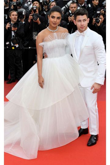 Celestial Tulle – Priyanka Chopra Cannes 2019–Inspired Illusion Neck Tiered Ball Gown with Sweep Train