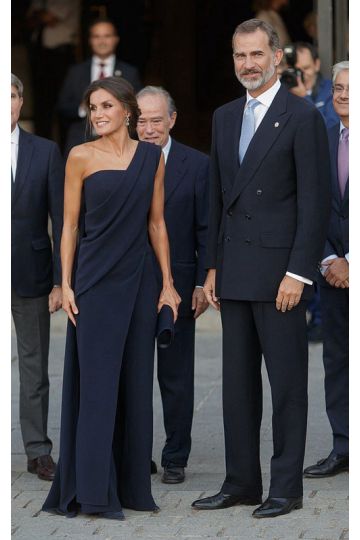 Queen Letizia Inspired Navy One-shoulder Celebrity Formal Jumpsuit