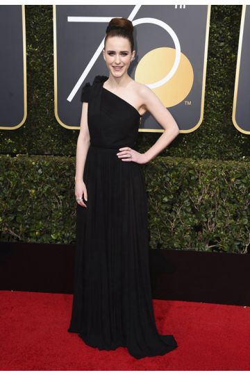 Rachel Brosnahan Black One-Shoulder Pleated Formal Dress Golden Globes 2018
