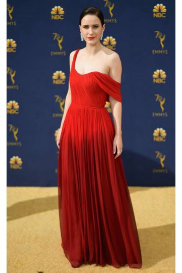 Rachel Brosnahan Red Off-the-Shoulder Pleated Chiffon Gown Emmys 2018