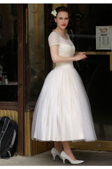 Charming Elegance – Short-Sleeve White Tulle Dress with Full Skirt Inspired by Rachel Brosnahan