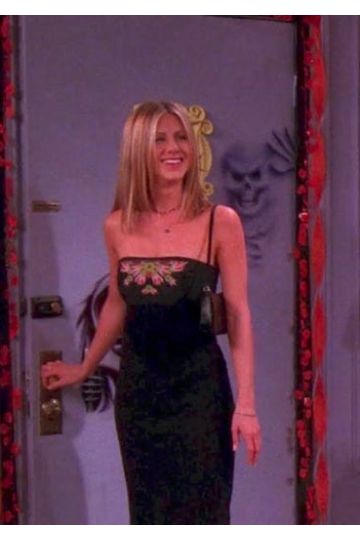 Rachel Green Black Strapless Embroidered Midi Dress in Friends