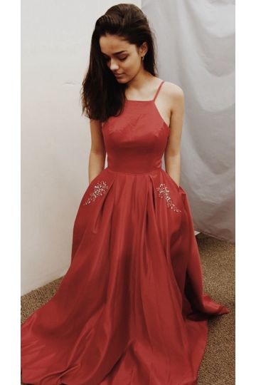 Rachel Zegler Inspired Red Satin Spaghetti Straps Beaded Formal Prom Dress 2021