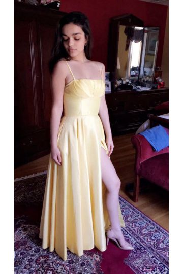 Rachel Zegler Inspired Yellow Spaghetti Straps Formal Prom Dress 2021 with Slit