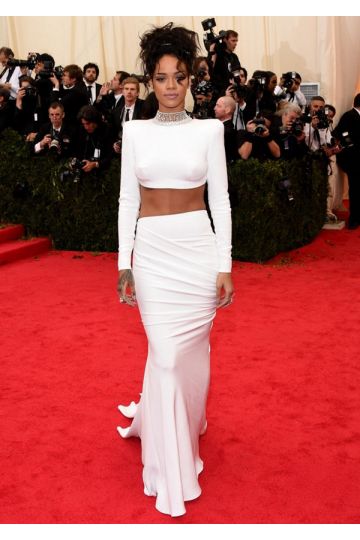 Red-Carpet Radiance – Rihanna Met Gala-Inspired White Two-Piece Jewel-Neck Mermaid Gown
