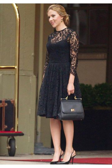 Scarlett Johansson Black Illusion High Neck A-Line Knee-Length Lace Celebrity Dress