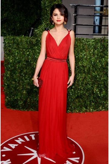 Scarlet Whisper – Oscars 2011–Inspired Red Draped V-Neck Chiffon A-Line Gown