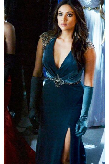 Shay Mitchell Teal Blue Velvet Celebrity Formal Dress Pretty Little Liars