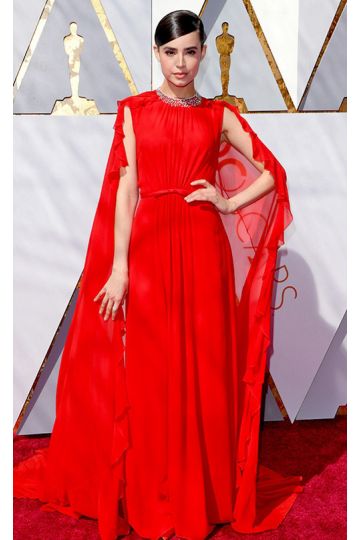 Sofia Carson Red Cape Chiffon Celebrity Formal Prom Dress Oscars 2018