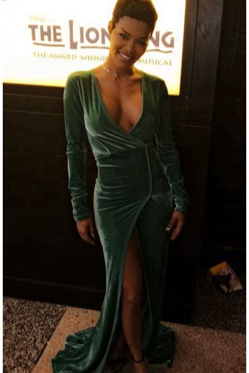 Teyana Taylor Inspired Green Velvet Long-sleeve V-neck Celebrity Dress with Slit
