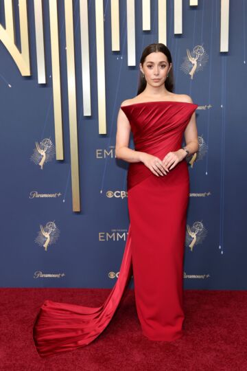 Cristin Milioti Inspired Red Off-the-Shoulder Column Evening Gown - main reference image
