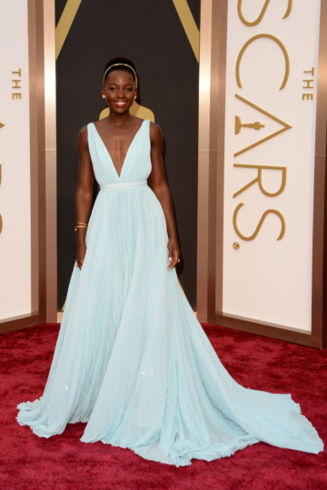 Lupita Nyongo Inspired Pale Blue Plunging V-Neck Pleated A-Line Evening Gown - main reference image
