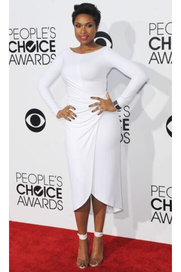 Jennifer Hudson Inspired White Bateau Draped Slit Column Midi Dress - main reference image