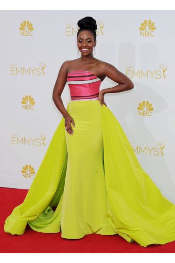 Teyonah Parris Inspired Pink and Lime Straight Neckline Column Evening Gown - main reference image