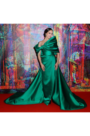 Sofia Carson Inspired Emerald Green Off-the-Shoulder Draped Mermaid Evening Gown - main reference image