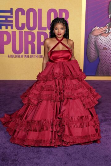 Halle Bailey Inspired Red Halter Ruffled Ball Gown - main reference image