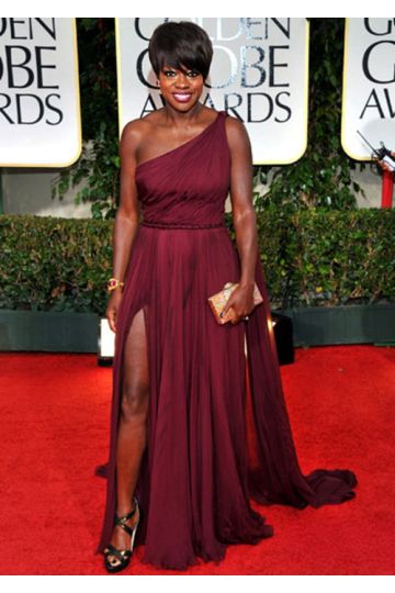 Viola Davis Burgundy One-Shoulder Chiffon Formal Dress Golden Globes 2012