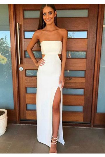Pure Allure – White Strapless Cut-Out Formal Gown with Thigh-High Slit