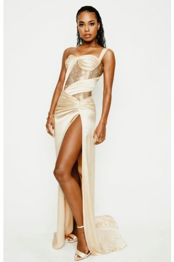 Zaria Simone Inspired Champagne One-shoulder Satin Dress with Slit Oscars 2021