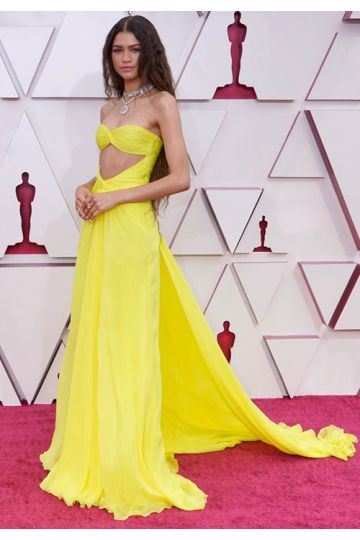 Zendaya Inspired Yellow Strapless Chiffon Celebrity Formal Prom Dress Oscars 2021
