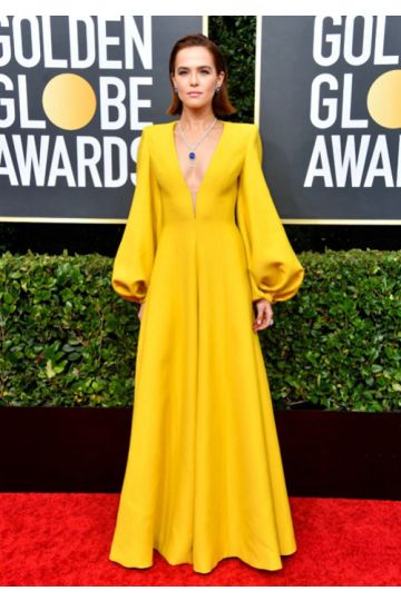 Zoey Deutch Yellow Plunging V-neck Long-sleeve Jumpsuit Golden Globes 2020