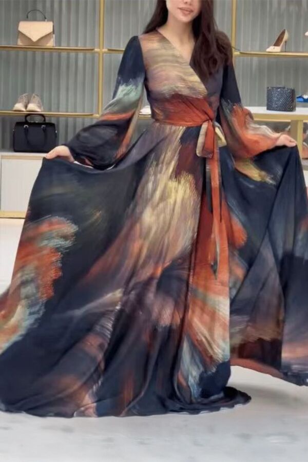 Long Sleeve Watercolor Print Maxi Dress