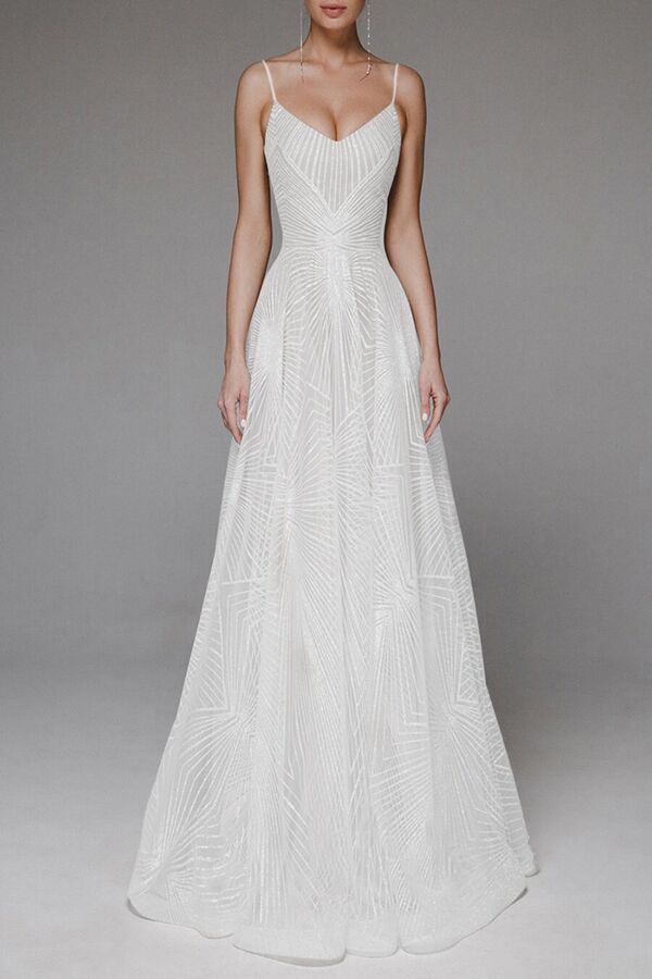 Geometric Beaded Spaghetti Strap A-Line Gown