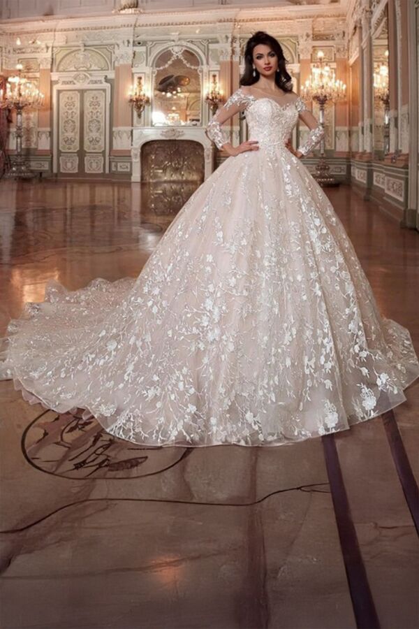 Sleeve Lace Gown with Illusion Neckline and Long Train for Formal Events