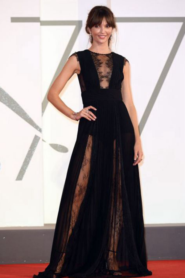 Annabelle Belmondo Black Lace Chiffon Celebrity Formal Dress Venice film Festival 2020
