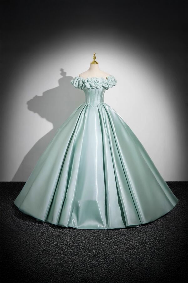 Mint Serenade – Off-Shoulder Satin Ball Gown with Ruffled Neckline