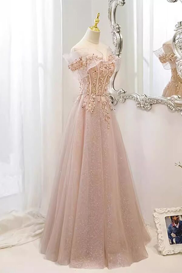 Twilight Bloom – Champagne Pink Tulle Gown