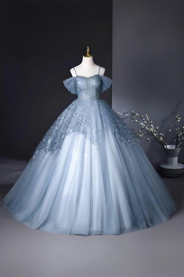Starlit Whisper – Dusty Blue Sequin Gown