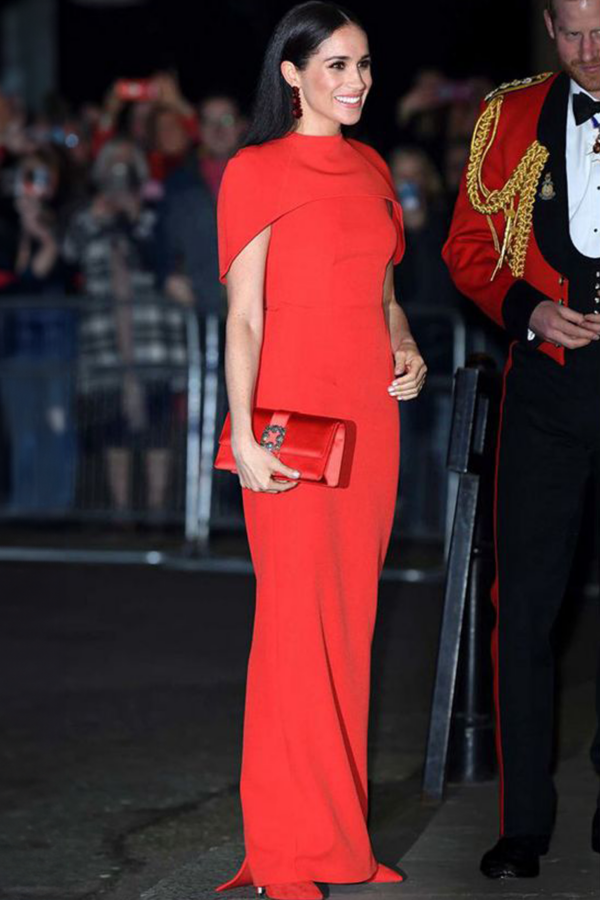 Meghan Markle Inspired Red Cape Celebrity Formal Evening Dress