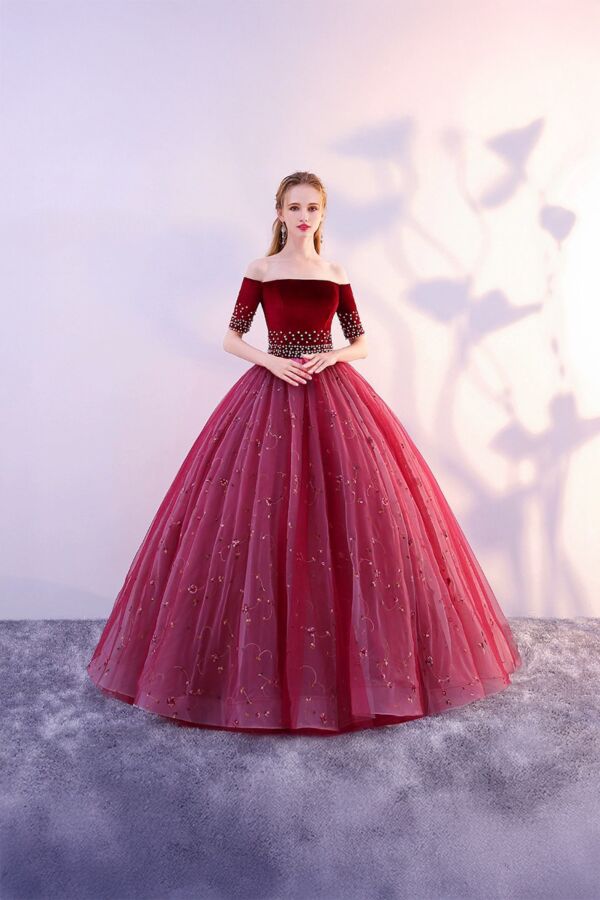 Crimson Elegance – Off-Shoulder Velvet Ball Gown with Embroidered Tulle