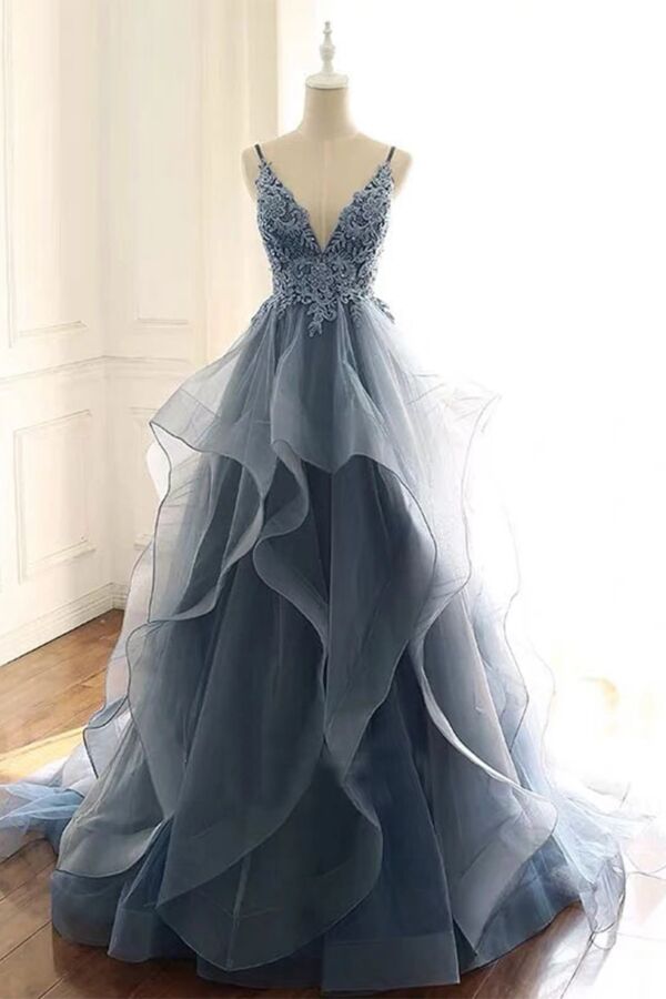 Ocean Whisper – Smoky Blue Ruffled Gown